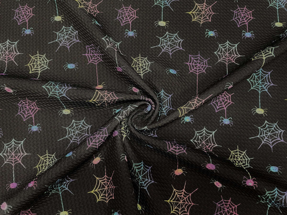 Neon Spider Cobweb Bullet Print #414 Ribbed Scuba Techno Double Knit 2-Way Stretch Poly Spandex Apparel Craft Fabric 58"-60" Wide BTY