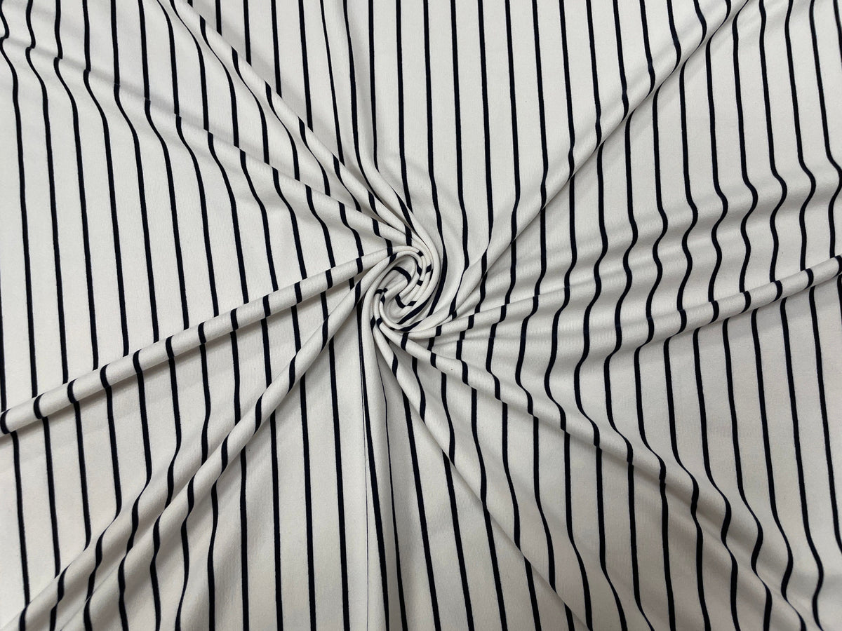 Navy White Vertical Stripe DBP Print #367 Double Brushed Polyester Spandex Apparel Stretch Fabric 190 GSM 58"-60" Wide By The Yard