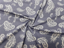 Load image into Gallery viewer, Bandana Paisley Denim Blue Rib Knit 4X2 Print #46 Jersey Knit Polyester Rayon Spandex Stretch 200GSM Apparel Fabric 58&quot;-60&quot; Wide By The Yard