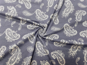 Bandana Paisley Denim Blue Rib Knit 4X2 Print #46 Jersey Knit Polyester Rayon Spandex Stretch 200GSM Apparel Fabric 58"-60" Wide By The Yard