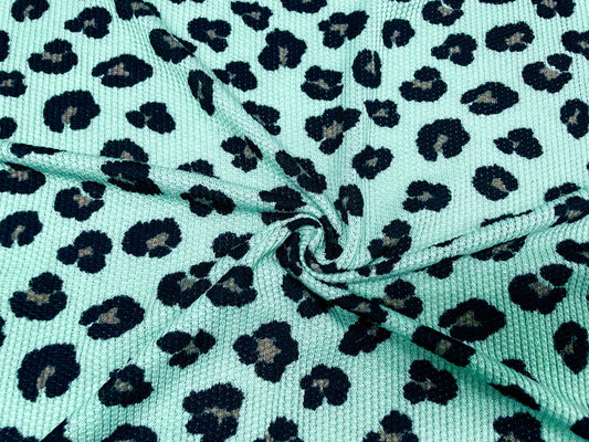 Animal Leopard Aqua Waffle Knit Print #39 Poly Rayon Spandex 200 GSM Medium Weight 58"-60" Wide By The Yard