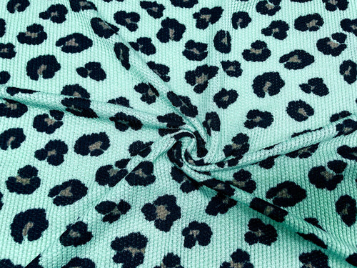 Animal Leopard Aqua Waffle Knit Print #39 Poly Rayon Spandex 200 GSM Medium Weight 58