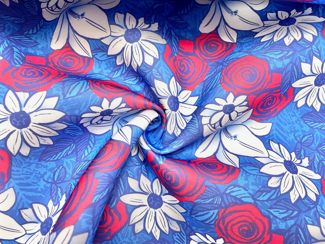 Patriotic Floral Super Scuba Techno Print #41 Double Knit 2-Way Stretch Fabric Poly Spandex Apparel Craft Fabric 58