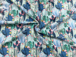 Succulent Cactus Distressed Denim Print #14 Polyester Rayon Spandex Stretch Apparel Fabric 58"-60" Wide By The Yard