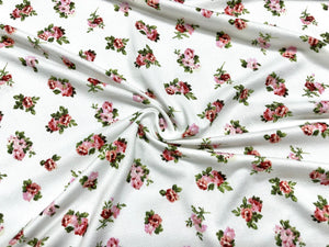 Classic Floral Rose White DBP Print #517 Double Brushed Polyester Spandex Apparel Stretch Fabric 190 GSM 58"-60" Wide By The Yard