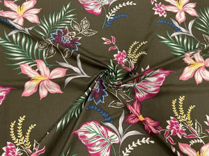 Tropical Floral Olive DBP Print #534 Double Brushed Polyester Spandex Apparel Stretch Fabric 190 GSM 58"-60" Wide By The Yard