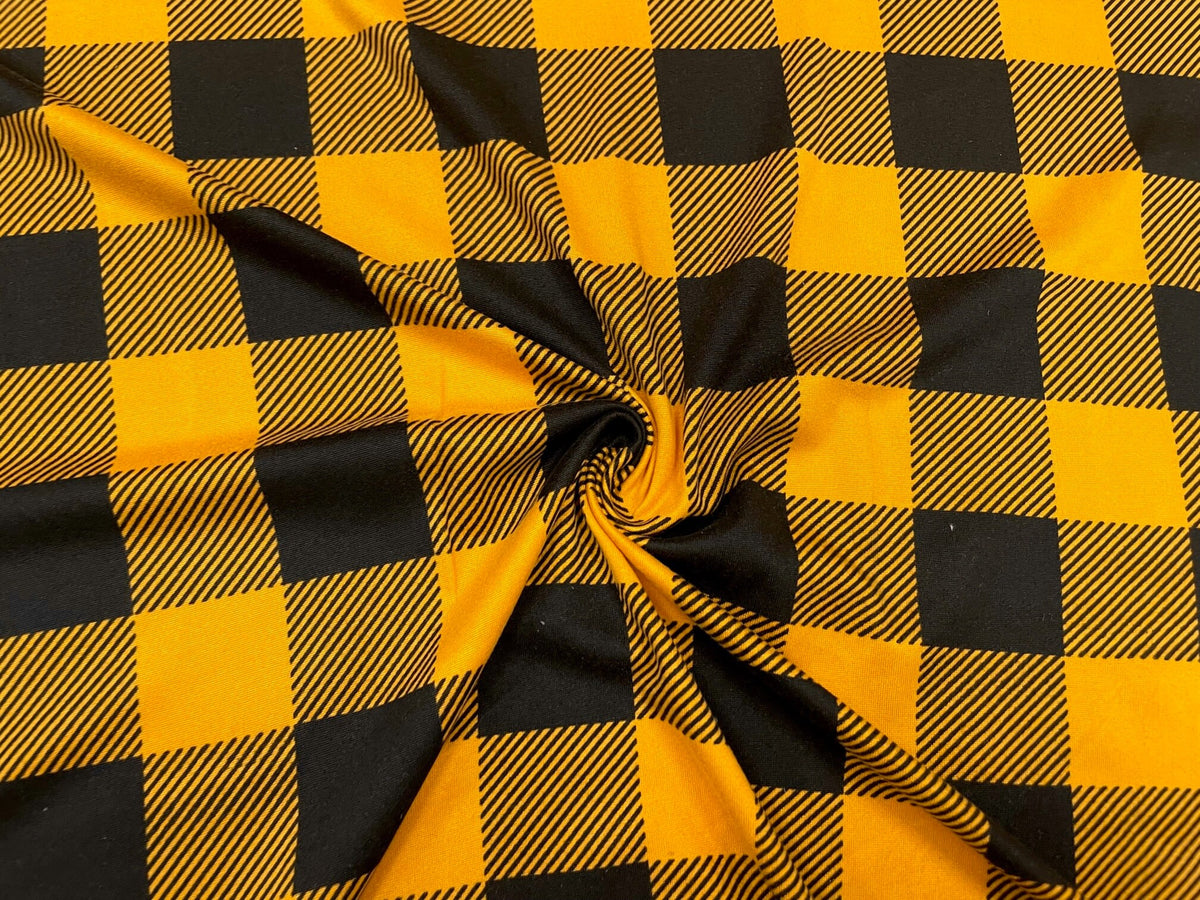 1.75" Buffalo Plaid DBP Print #525 Black Mustard Double Brushed Polyester Spandex Apparel Stretch Fabric 190 GSM 58"-60" Wide By The Yard