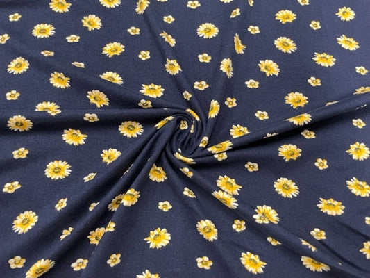 Sunflower Floral Navy DBP Print #530 Double Brushed Polyester Spandex Apparel Stretch Fabric 190 GSM 58"-60" Wide By The Yard