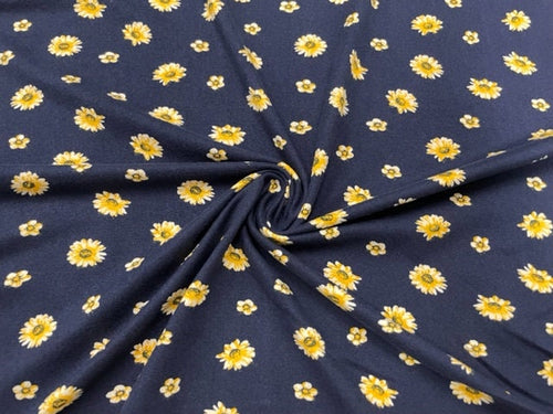Sunflower Floral Navy DBP Print #530 Double Brushed Polyester Spandex Apparel Stretch Fabric 190 GSM 58
