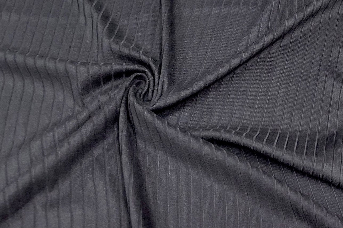 Black DBP 8X3 Rib Knit #10 Double Brushed Polyester Spandex Stretch 190GSM Apparel Fabric 58"-60" Wide By The Yard