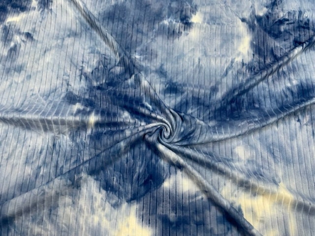 Tie-Dyed DBP 8x3 Rib Knit Print #127 Denim Double Brushed Polyester Spandex Stretch 190GSM Apparel Fabric 58"-60" Wide By The Yard