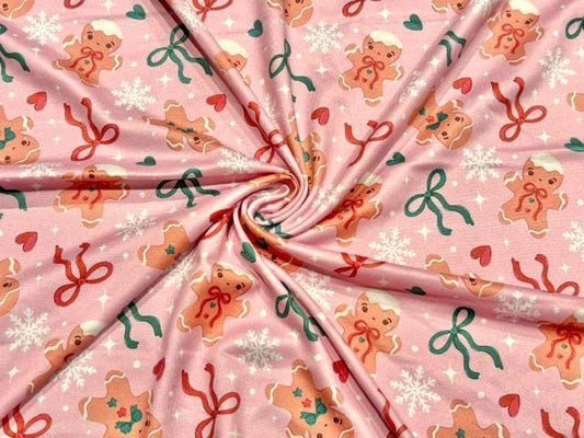 Gingerbread Cookie Bow DBP Print #2099 Double Brushed Polyester Spandex Apparel Stretch Fabric 190 GSM 58"-60" Wide By The Yard