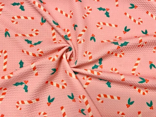 Pink Candy Cane Christmas Bullet Print #608 Ribbed Scuba Techno Double Knit 2-Way Stretch Poly Spandex Apparel Craft Fabric 58"-60" Wide BTY