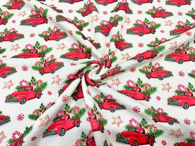 Classic Christmas Truck Bullet Print #656 Ribbed Scuba Techno Double Knit 2-Way Stretch Poly Spandex Apparel Craft Fabric 58"-60" Wide BTY