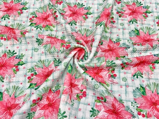 Xmas Poinsettia Floral Bullet Print #658 Ribbed Scuba Techno Double Knit 2-Way Stretch Poly Spandex Apparel Craft Fabric 58"-60" Wide BTY