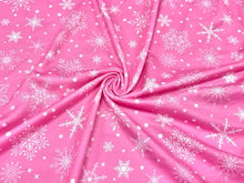 Load image into Gallery viewer, Pink Snowflake Christmas Xmas DBP Print #676 Double Brushed Polyester Spandex Apparel Stretch Fabric 190 GSM 58&quot;-60&quot; Wide By The Yard