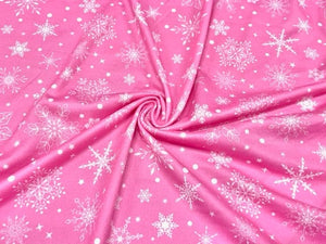 Pink Snowflake Christmas Xmas DBP Print #676 Double Brushed Polyester Spandex Apparel Stretch Fabric 190 GSM 58"-60" Wide By The Yard