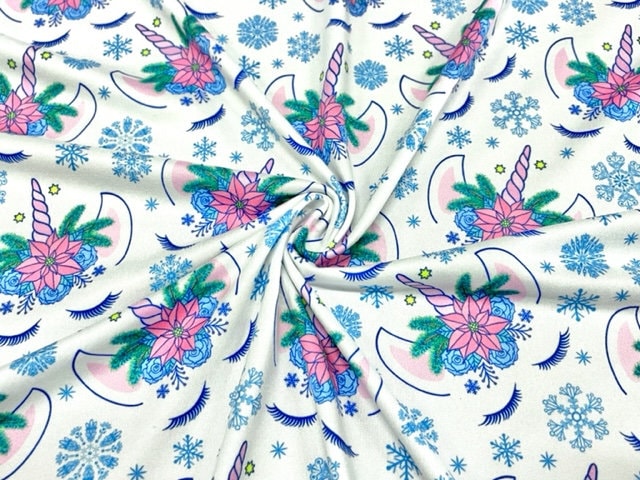 Unicorn Christmas Snowflake Winter DBP Print #678 Double Brushed Polyester Spandex Apparel Stretch Fabric 190 GSM 58"-60" Wide By The Yard