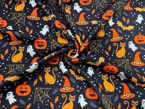 Ghost Pumpkin Cat Bullet Print #562 Ribbed Scuba Techno Double Knit 2-Way Stretch Poly Spandex Apparel Craft Fabric 58"-60" Wide BTY