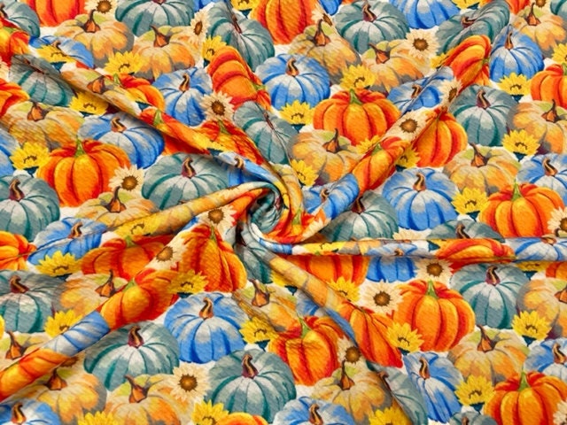Fall Pumpkin Sunflower Bullet Print #578 Ribbed Scuba Techno Double Knit 2-Way Stretch Poly Spandex Apparel Craft Fabric 58"-60" Wide BTY