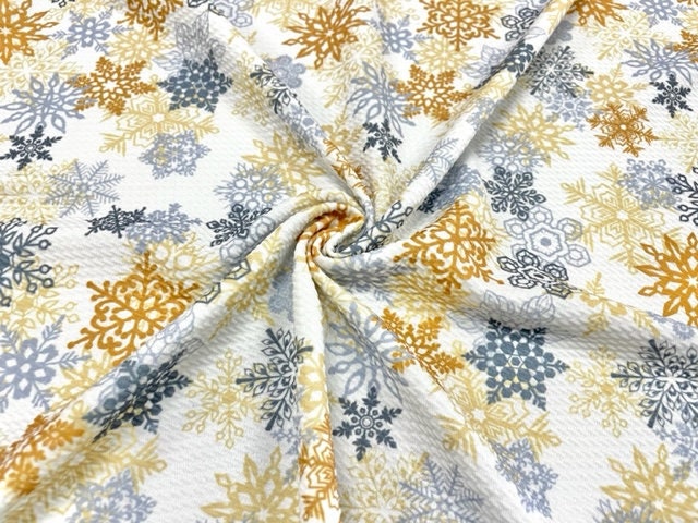 Gold Snowflake Christmas Bullet Print #636 Ribbed Scuba Techno Double Knit 2-Way Stretch Poly Spandex Apparel Craft Fabric 58"-60" Wide BTY