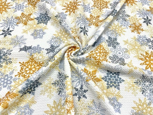 Gold Snowflake Christmas Bullet Print #636 Ribbed Scuba Techno Double Knit 2-Way Stretch Poly Spandex Apparel Craft Fabric 58"-60" Wide BTY