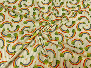 Clover Rainbow St. Patrick's Day 4x2 Rib Knit Print #165 Polyester Spandex Stretch 190GSM Apparel Fabric 58"-60" Wide By The Yard