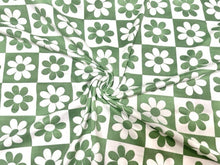 Load image into Gallery viewer, Checkerboard Floral Daisy Sage DBP Print #706 Double Brushed Polyester Spandex Apparel Stretch Fabric 190 GSM 58&quot;-60&quot; Wide By The Yard