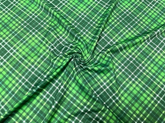 Green Plaid St. Patrick's Day DBP Print #709 Double Brushed Polyester Spandex Apparel Stretch Fabric 190 GSM 58"-60" Wide By The Yard