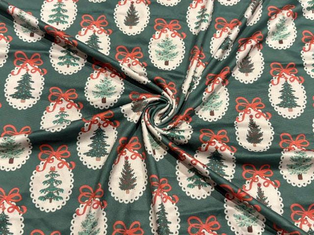 Christmas Tree Bow DBP Print #2085 Double Brushed Polyester Spandex Apparel Stretch Fabric 190 GSM 58"-60" Wide By The Yard