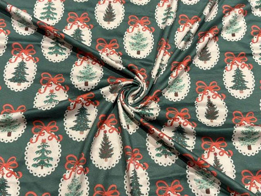 Christmas Tree Bow DBP Print #2085 Double Brushed Polyester Spandex Apparel Stretch Fabric 190 GSM 58"-60" Wide By The Yard
