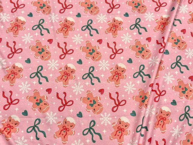 Gingerbread Cookie Bow DBP Print #2099 Double Brushed Polyester Spandex Apparel Stretch Fabric 190 GSM 58"-60" Wide By The Yard