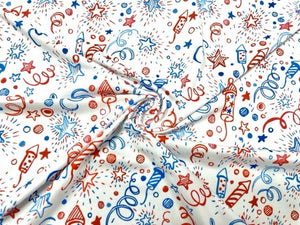 Doodle Fireworks Fourth of July DBP Print #739 Double Brushed Polyester Spandex Apparel Stretch Fabric 190 GSM 58"-60" Wide By The Yard