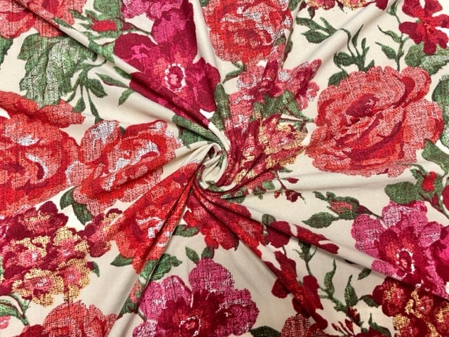 Classic Rose Floral DBP Print #753 Double Brushed Polyester Spandex Apparel Stretch Fabric 190 GSM 58"-60" Wide By The Yard