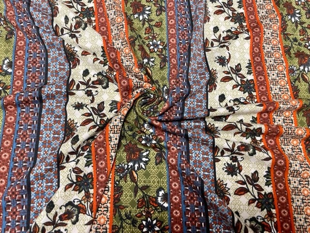 Classic Floral Ethnic Stripe DBP Print #755 Double Brushed Polyester Spandex Apparel Stretch Fabric 190 GSM 58