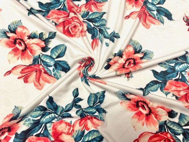 Classic Floral Rose DBP Print #758 Double Brushed Polyester Spandex Apparel Stretch Fabric 190 GSM 58"-60" Wide By The Yard