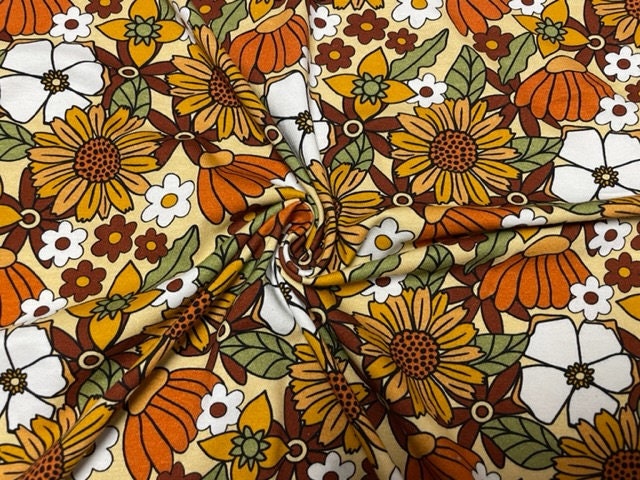 Fall Retro Floral Cotton Spandex Print #66 230GSM Jersey Knit Stretch Exercise Apparel Fabric Photography 58"-60" Wide By The Yard