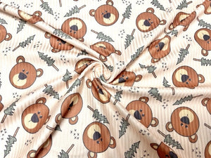 Brittany Frost Designs Bear Tree DBP 4x2 Rib Knit Print #234 Brushed Poly Spandex Stretch 190GSM Apparel Fabric 58"-60" Wide By The Yard