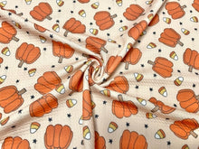 Load image into Gallery viewer, Brittany Frost Designs Pumpkin Candy Bullet Print #767 Ribbed Scuba Double Knit Stretch Poly Spandex Apparel Craft Fabric 58"-60" Wide BTY