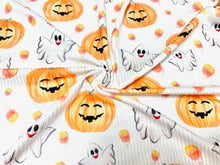 Load image into Gallery viewer, Pumpkin Ghosts Candy Corn DBP 4x2 Rib Knit Print #237 Double Brushed Poly Spandex Stretch 190GSM Apparel Fabric 58&quot;-60&quot; Wide By The Yard