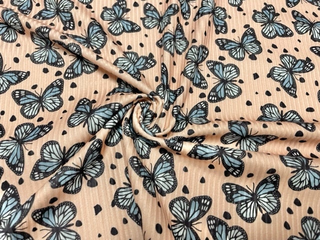 Brittany Frost Designs Butterfly DBP 4x2 Rib Knit Print #242 Double BrushPoly Spandex Stretch 190GSM Apparel Fabric 58"-60" Wide By The Yard
