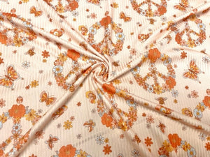 Butterfly Peace Boho Floral DBP 4x2 Rib Knit Print #254 Double Brushed Poly Spandex Stretch 190GSM Apparel Fabric 58"-60" Wide By The Yard