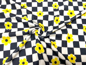 Checkerboard Floral Daisy DBP 4x2 Rib Knit Print #268 Double Brushed Poly Spandex Stretch 190GSM Apparel Fabric 58"-60" Wide By The Yard
