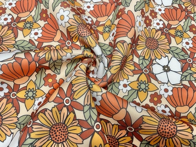 Fall Retro Floral Super Scuba Techno Print #65 Double Knit 2-Way Stretch Fabric Poly Spandex Apparel Craft Fabric 58"-60" Wide By The Yard