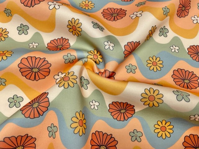 Retro Fall Floral Waves Super Scuba Techno Print #89 Double Knit Stretch Fabric Poly Spandex Apparel Craft Fabric 58"-60" Wide By The Yard