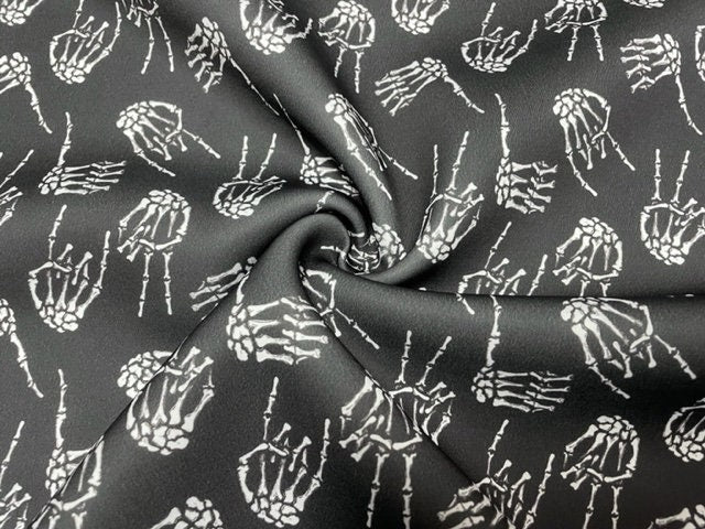 Spooky Skull Hand Peace Super Scuba Techno Print #98 Double Knit Stretch Fabric Poly Spandex Apparel Craft Fabric 58"-60" Wide By The Yard