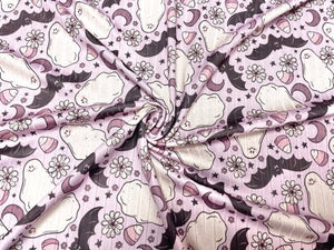 8x3 Rib Brittany Frost Designs Ghost Bat DBP Knit Print #277 Brushed Poly Spandex Stretch 190GSM Apparel Fabric 58"-60" Wide By The Yard