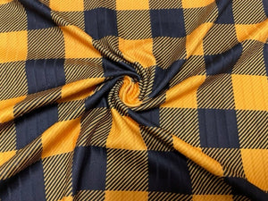 8x3 Rib Buffalo Plaid Mustard Black DBP Knit Print #289 Double Brushed Poly Spandex Stretch 190GSM Apparel Fabric 58"-60" Wide By The Yard