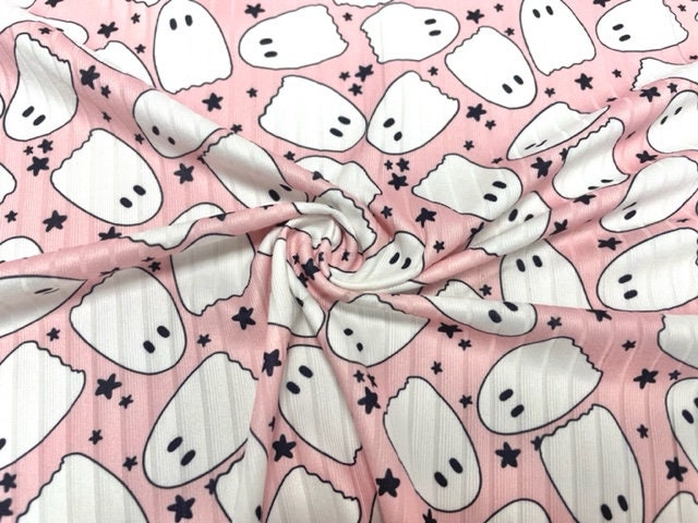 8x3 Rib Brittany Frost Designs Pink Ghosts DBP Knit Print #296 Brushed Poly Spandex Stretch 190GSM Apparel Fabric 58"-60" Wide By The Yard