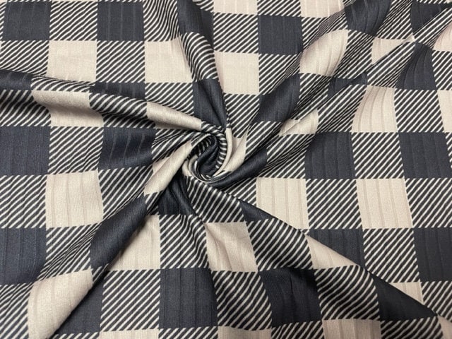8x3 Rib Buffalo Plaid Taupe Black DBP Knit Print #302 Double Brushed Poly Spandex Stretch 190GSM Apparel Fabric 58"-60" Wide By The Yard